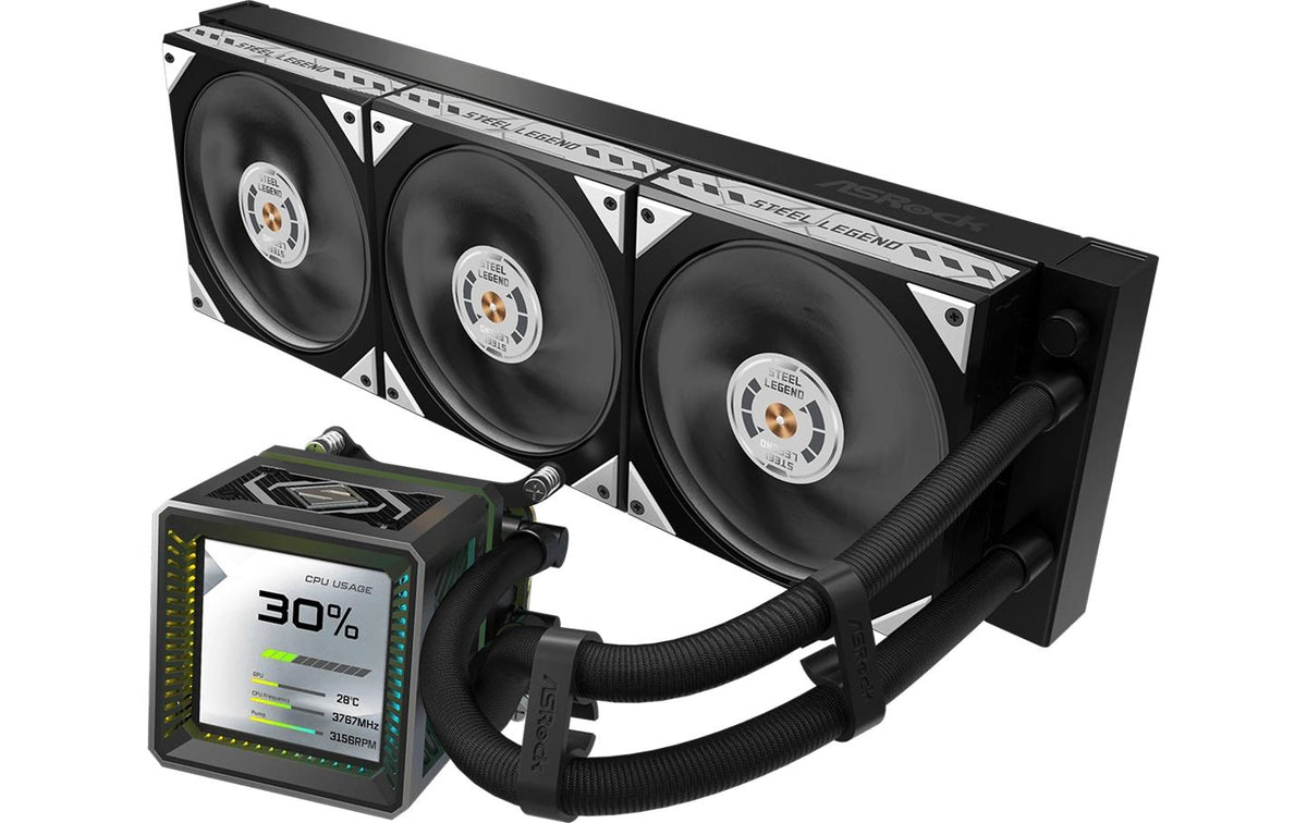ASRock Steel Legend Dark 360 LCD Liquid CPU Cooler, 3.4 LCD, 3x120mm ARGB